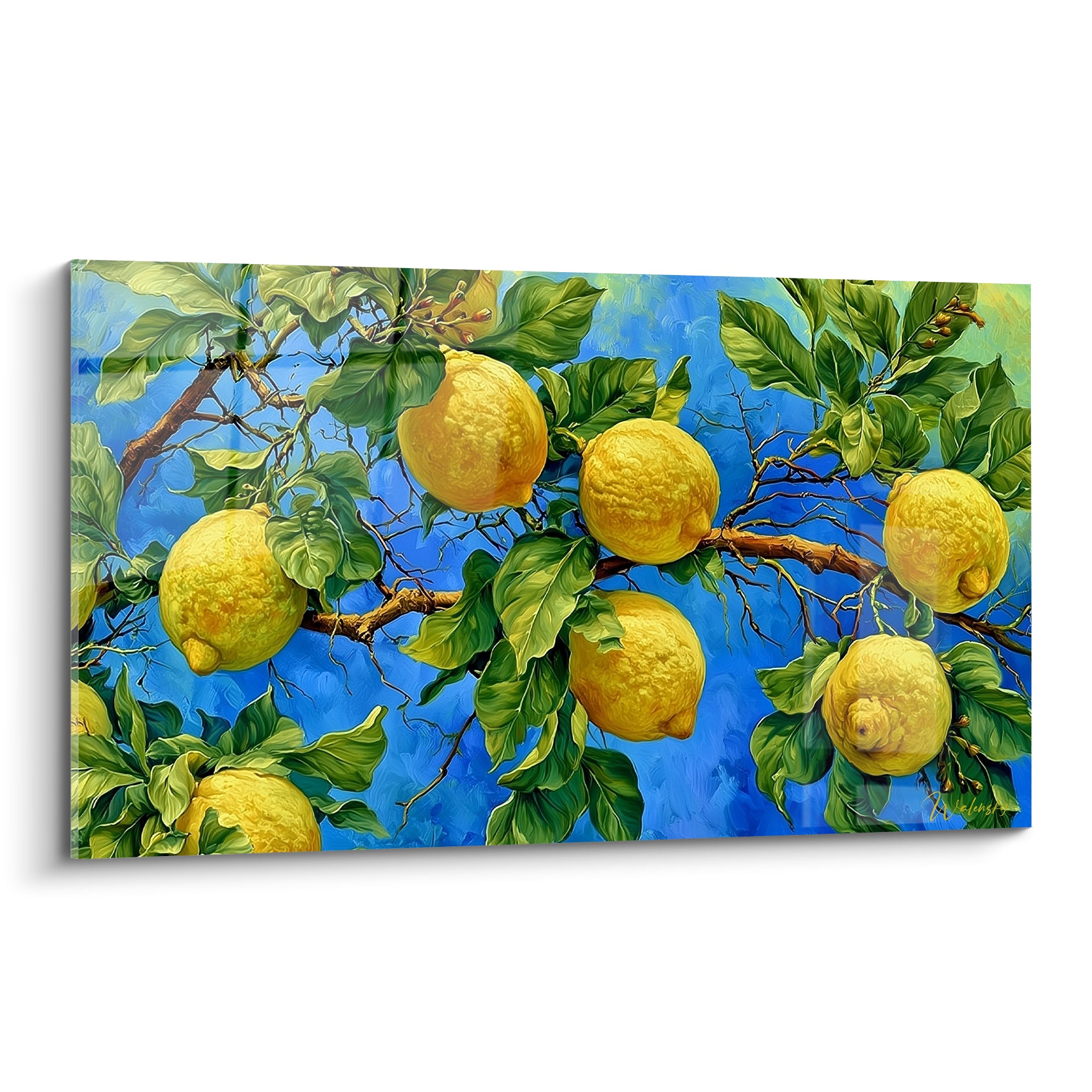 Citronnier jaune vif sur fond bleu azur, branche chargée de fruits mûrs peinte avec relief