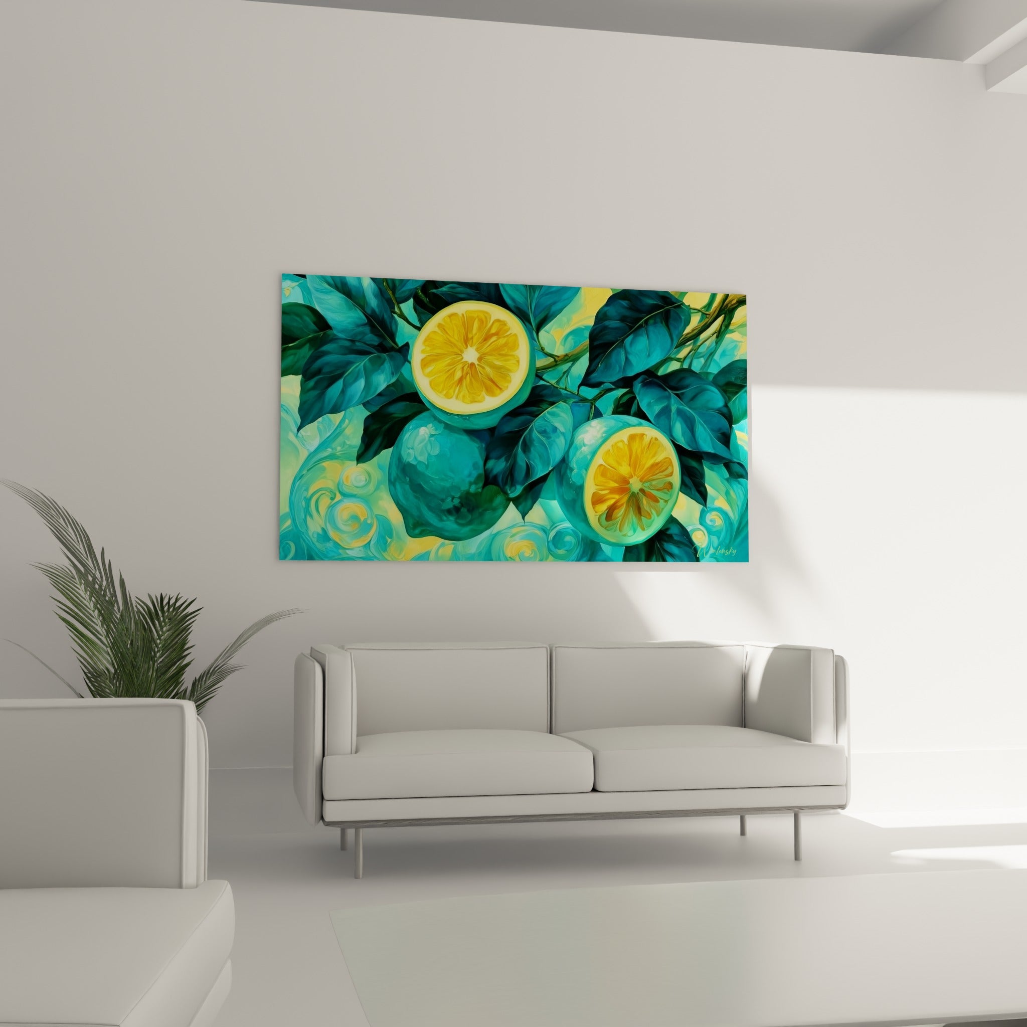 Branche de citronnier bleu-vert et chair dorée au-dessus d'un canapé dans un salon lumineux