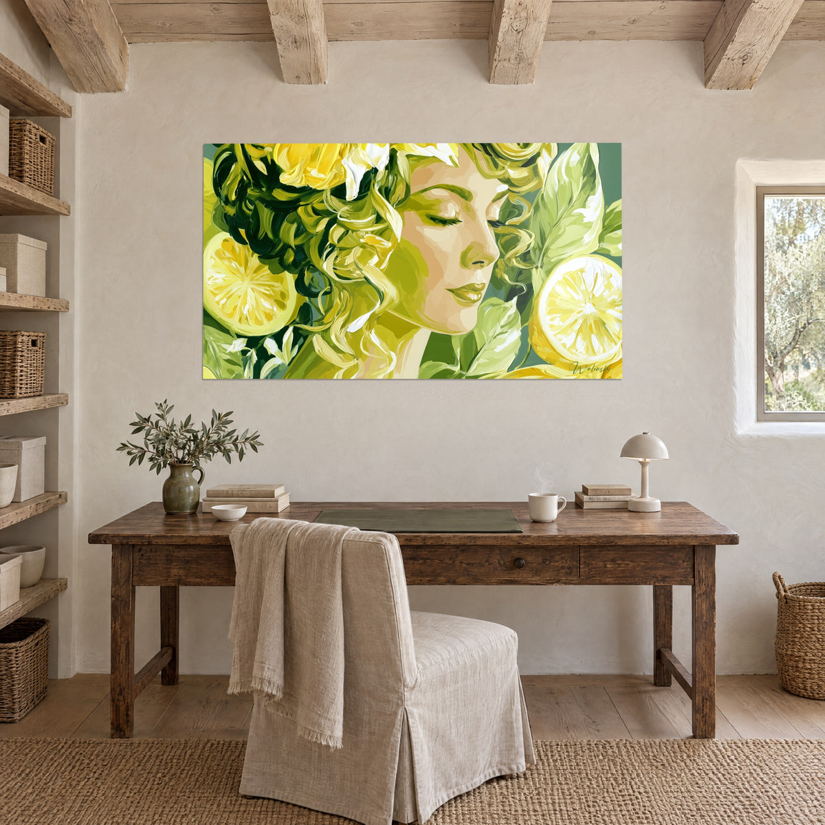 Quadro musa dai riccioli dorati e limoni tagliati a metà, sfondo verde salvia, appeso sopra una scrivania in legno
