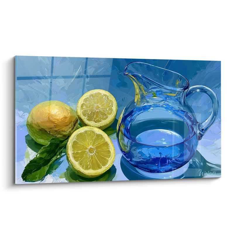 Tableau Carafe bleue et jaune près des feuilles de menthe - Reflets sur carrelage bleu - Edition Citron