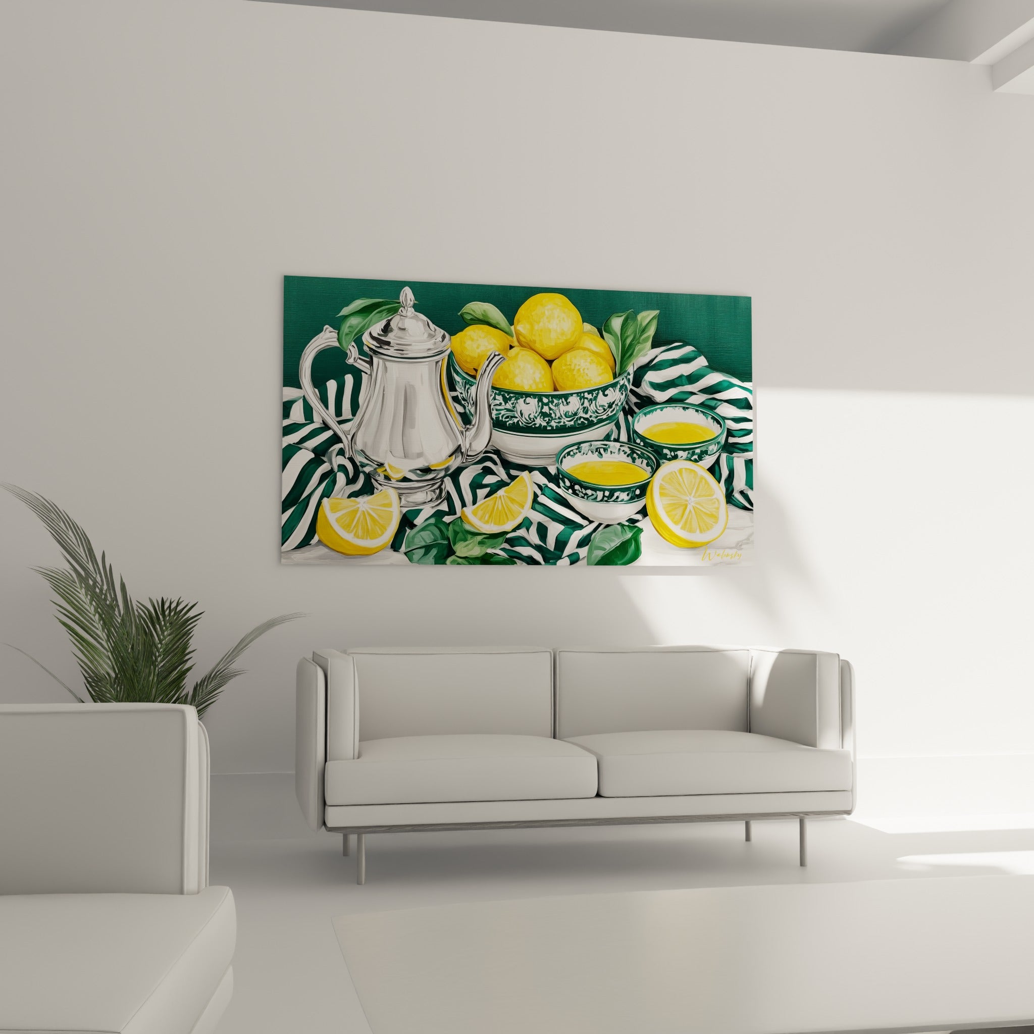 Théière argentée entourée de citrons jaunes vifs domine ce tableau placé au-dessus d'un canapé dans un salon lumineux