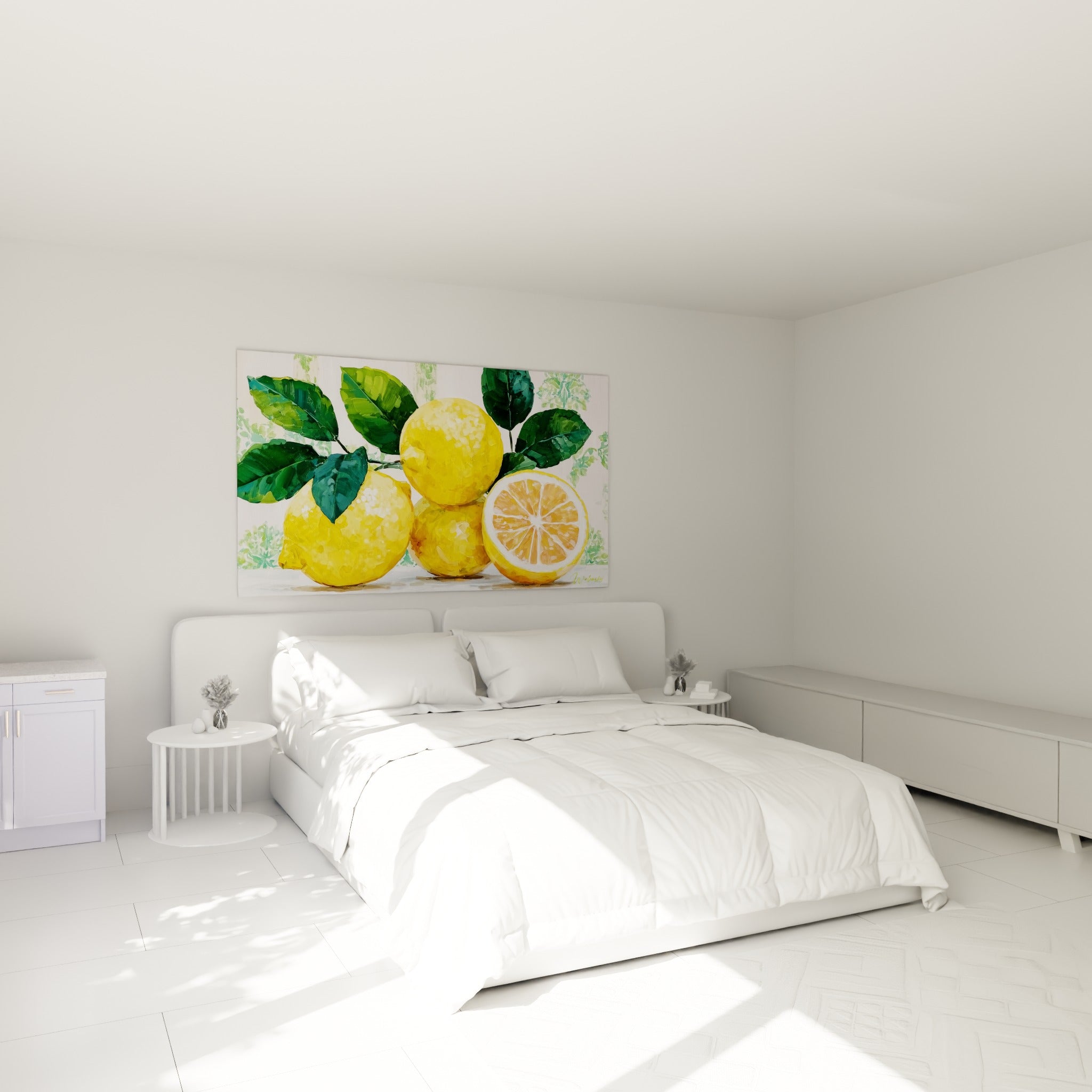 Nature morte de citrons jaunes et feuillage vert au-dessus d'un lit dans une chambre claire