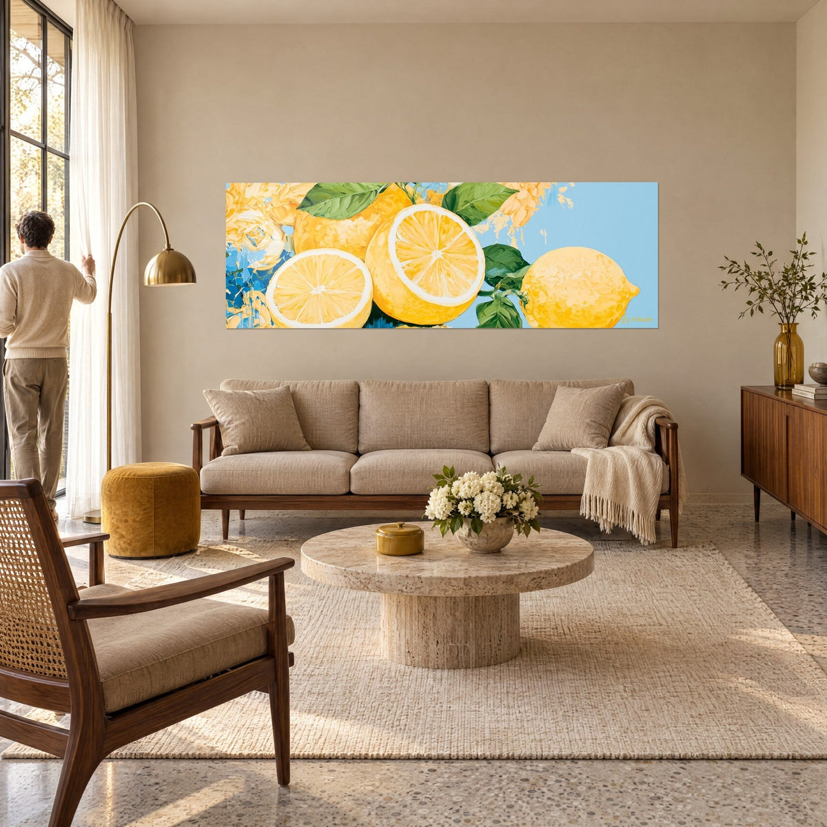 Tableau agrumes mûrs en bande panoramique, citrons jaune soleil sur fond bleu ciel, homme de dos au-dessus d'un canapé dans un salon lumineux