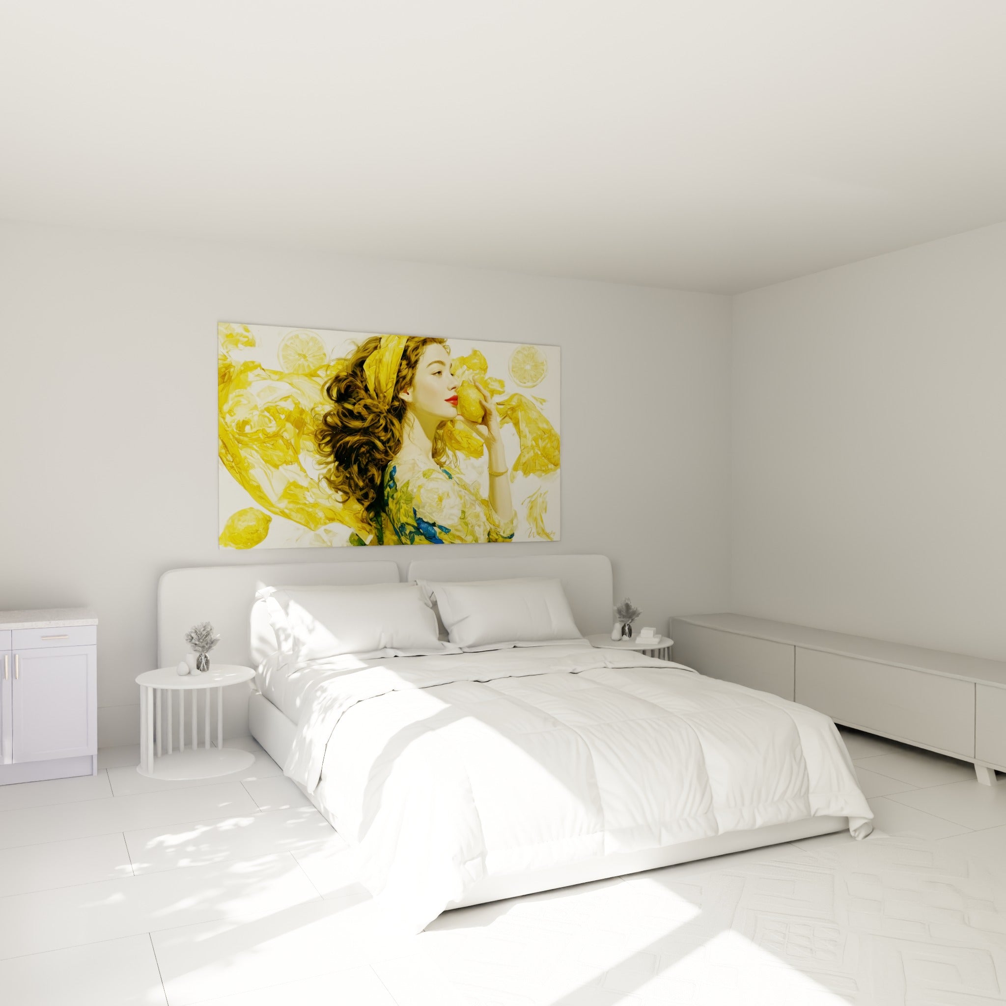 Portrait féminin jaune doré et blanc crème avec citron, au-dessus d'un lit dans une chambre claire