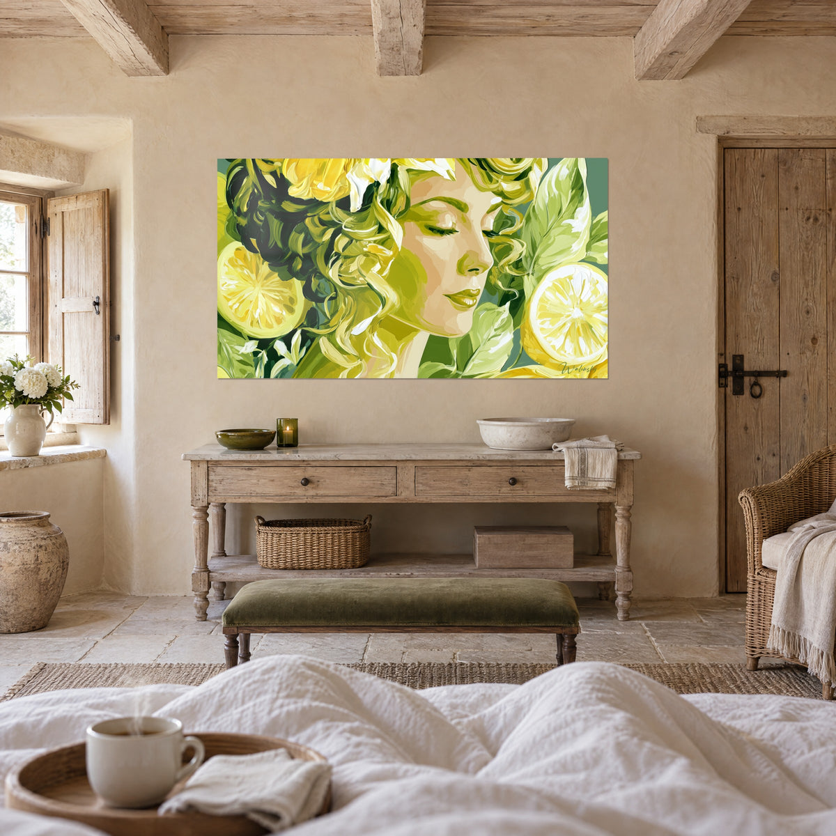 Quadro sognante dalle palpebre chiuse, capelli verde abete e giallo sole, limoni maturi, appeso sopra un letto in una camera chiara