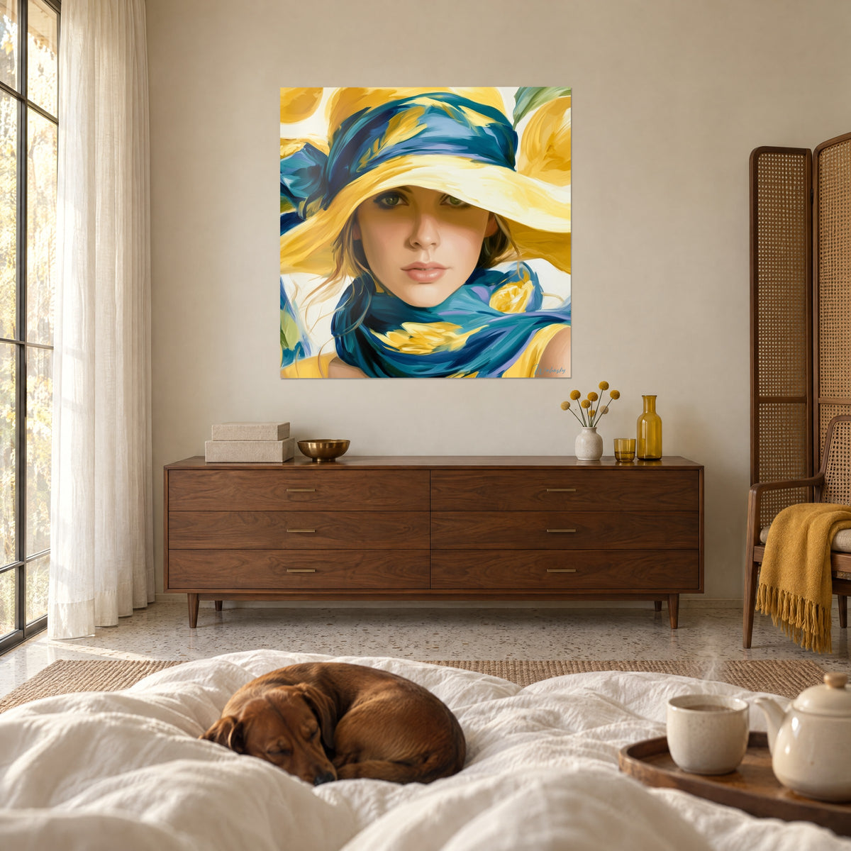 Wall art elegant woman with green eyes, sunny yellow hat and blue scarf, sleeping dachshund above a bed in a bright bedroom