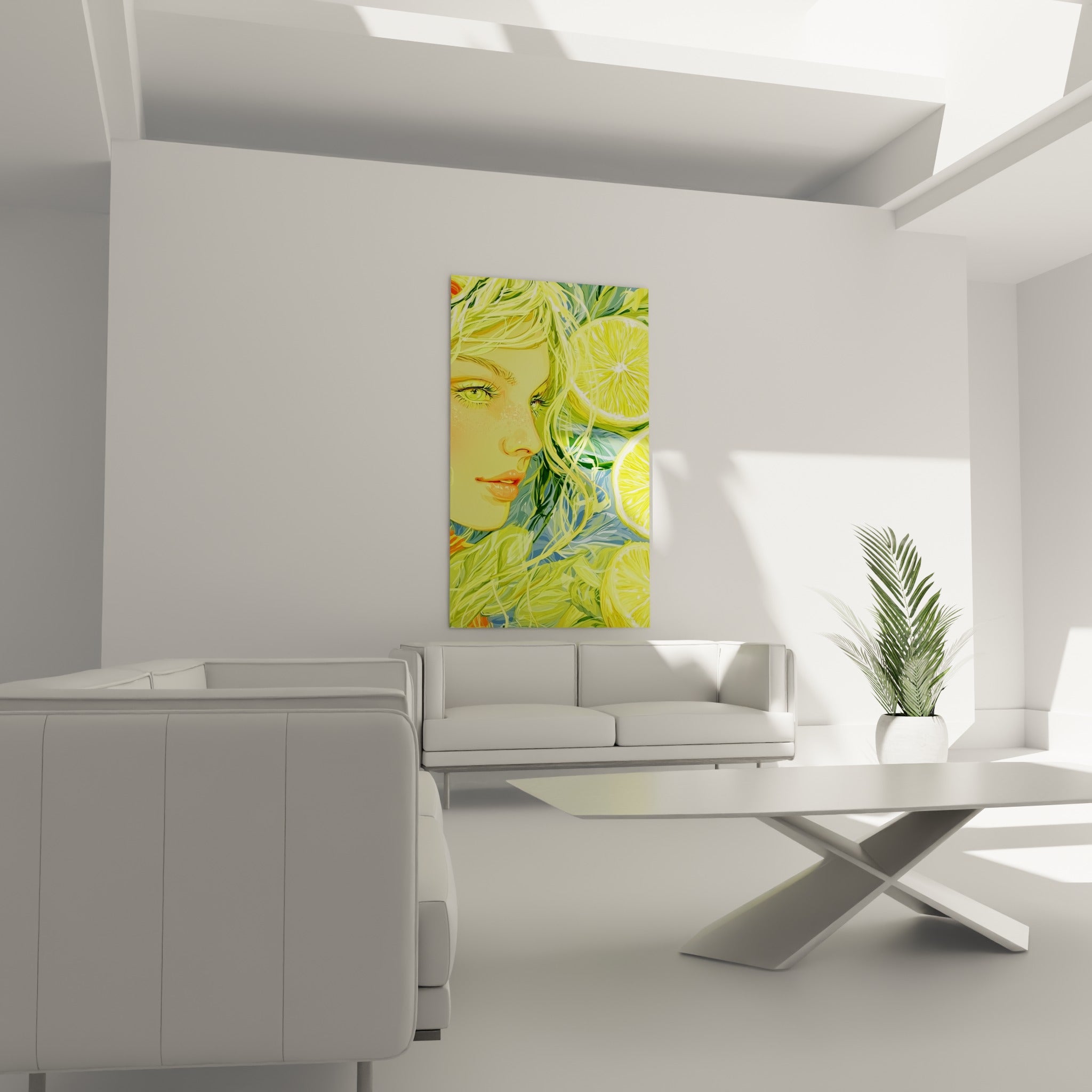Chevelure fruitée jaune et verte encadrant un visage doux, au-dessus d'un canapé dans un salon lumineux