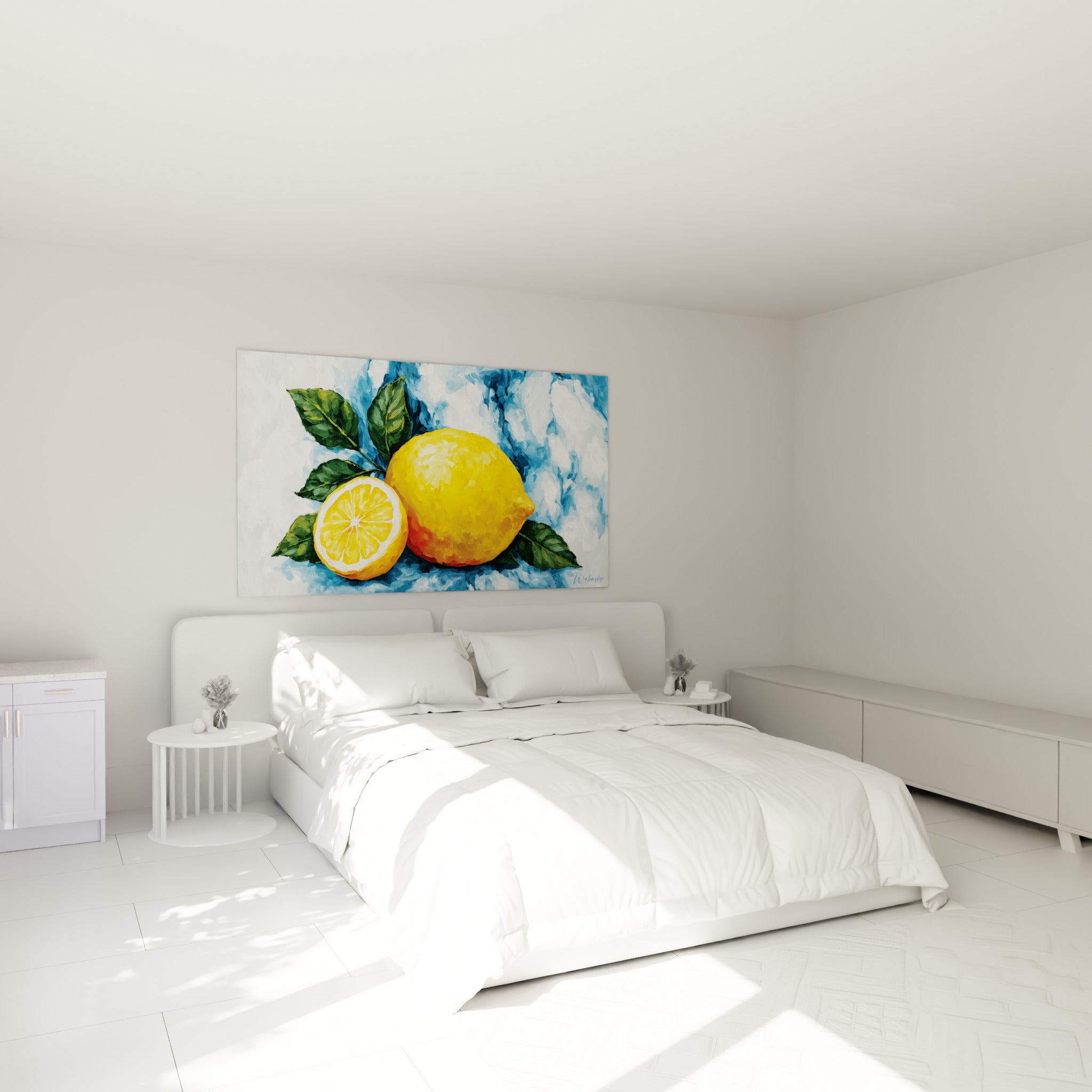 Citron jaune vif et orange peint à l'huile, accroché au-dessus d'un lit dans une chambre claire