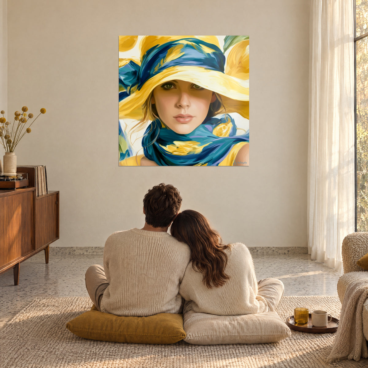 Wall art woman in a yellow hat and blue scarf, a couple seen from behind seated on the floor on ochre cushions in a bright living room