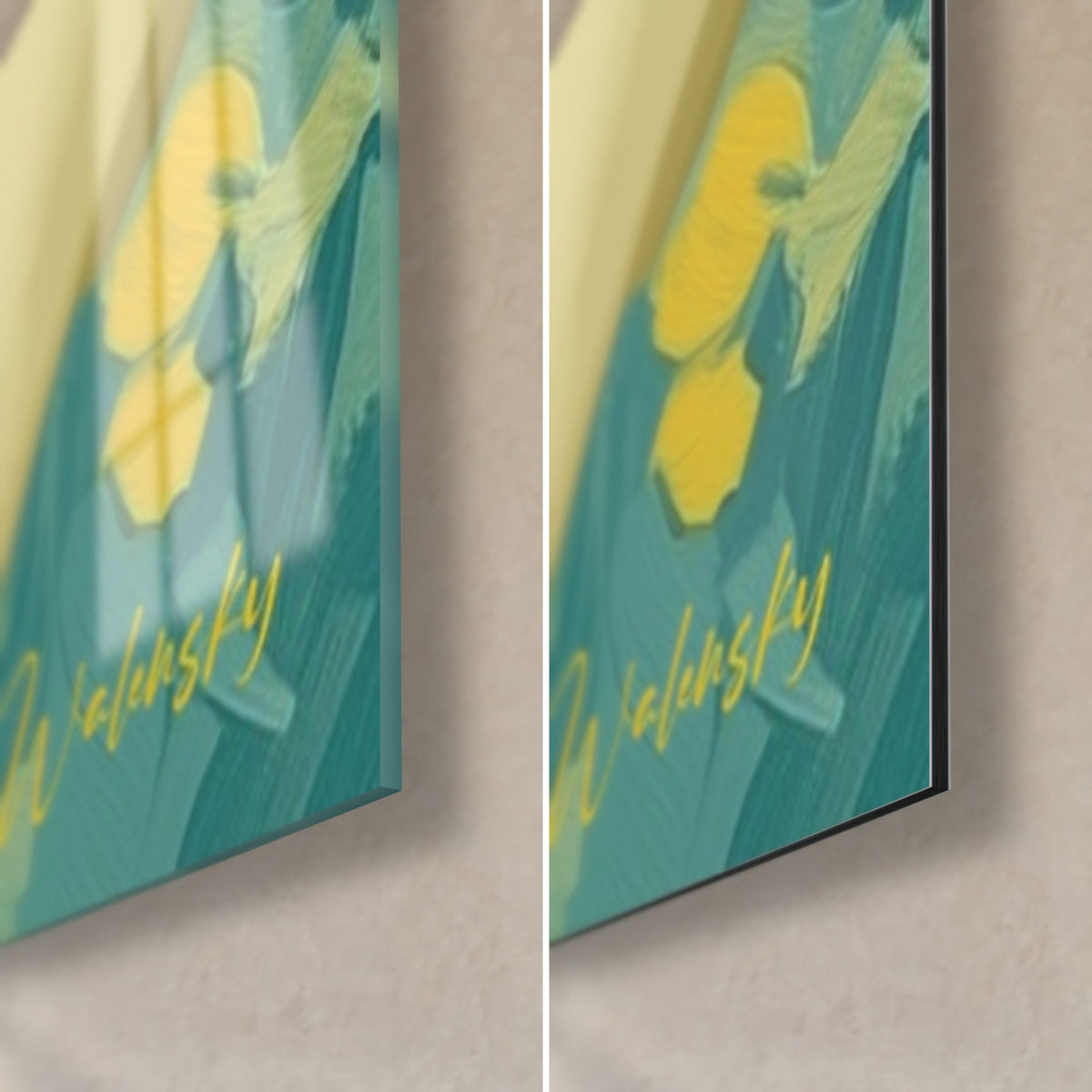 Quadro musa con abito a fiori, firma Walensky gialla in basso a destra, vetro acrilico lucido e alluminio Dibond nero opaco da 3 mm
