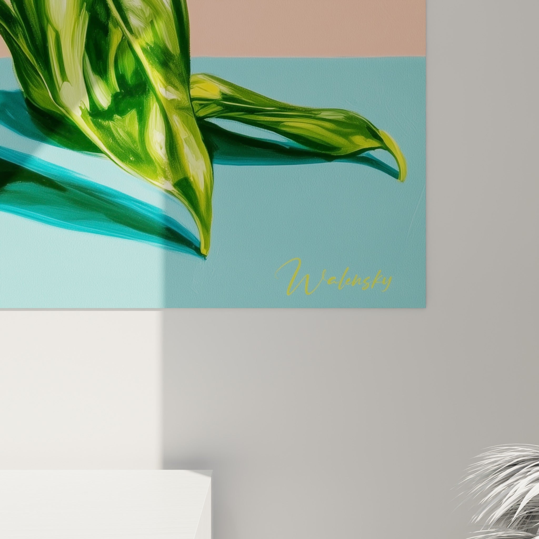 Détail du grain pictural sur la peau jaune du citron et les nervures vertes des feuilles peintes