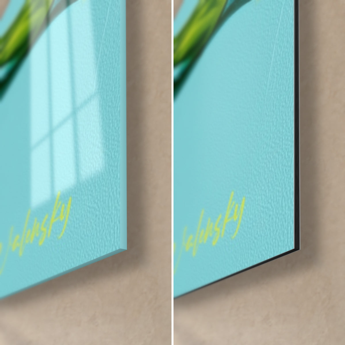 Gemälde gelbe Zitrone, türkisfarbene untere rechte Ecke: glänzendes Acrylglas mit Reflexen links, mattschwarzes Dibond von 3 mm rechts
