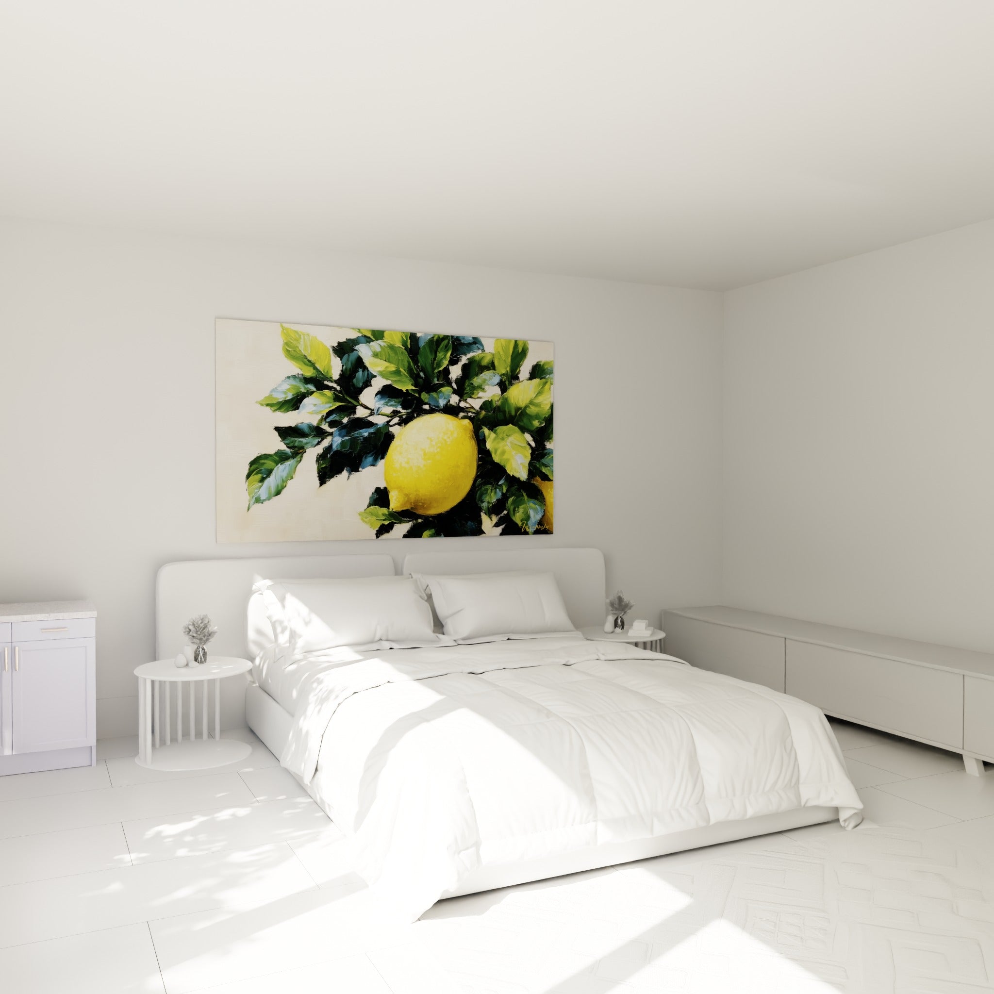 Fruit doré et feuillage vert peint au-dessus d'un lit dans une chambre claire