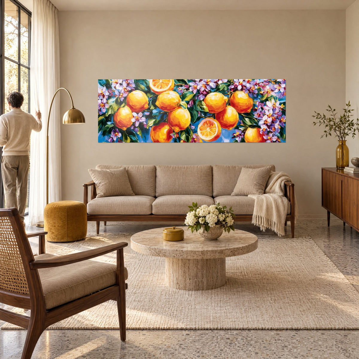 Tableau agrumes mûrs orange vif parmi des fleurs mauves sur fond bleu, homme de dos, au-dessus d'un canapé dans un salon lumineux