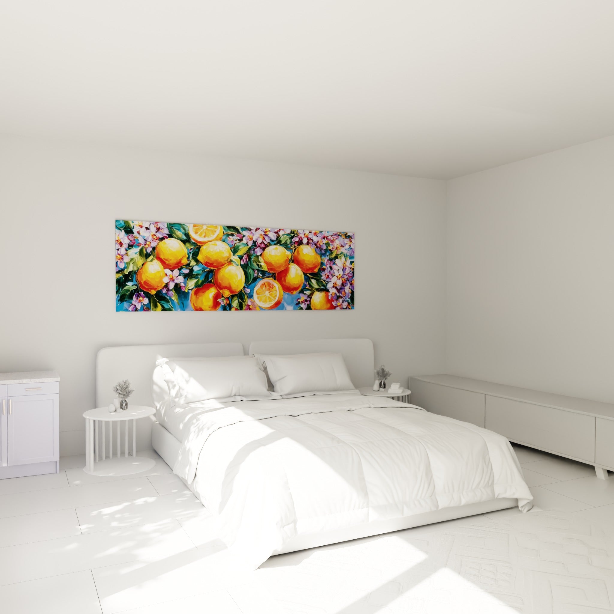 Citron doré et fleurs blanches peints en touches vives, accrochés au-dessus d'un lit dans une chambre claire