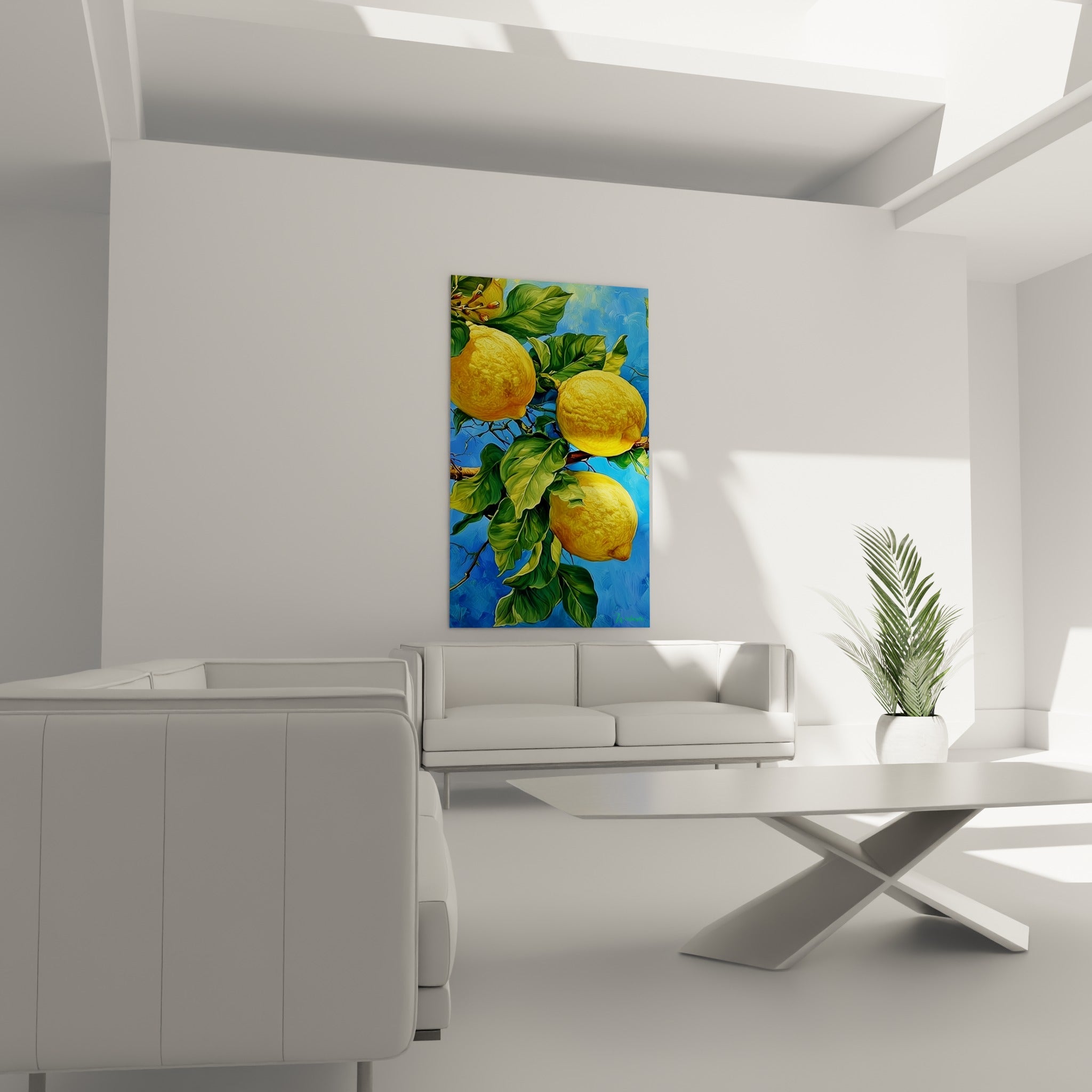 Fruits jaunes vifs et feuilles vertes sur ciel bleu profond au-dessus d'un canapé dans un salon lumineux