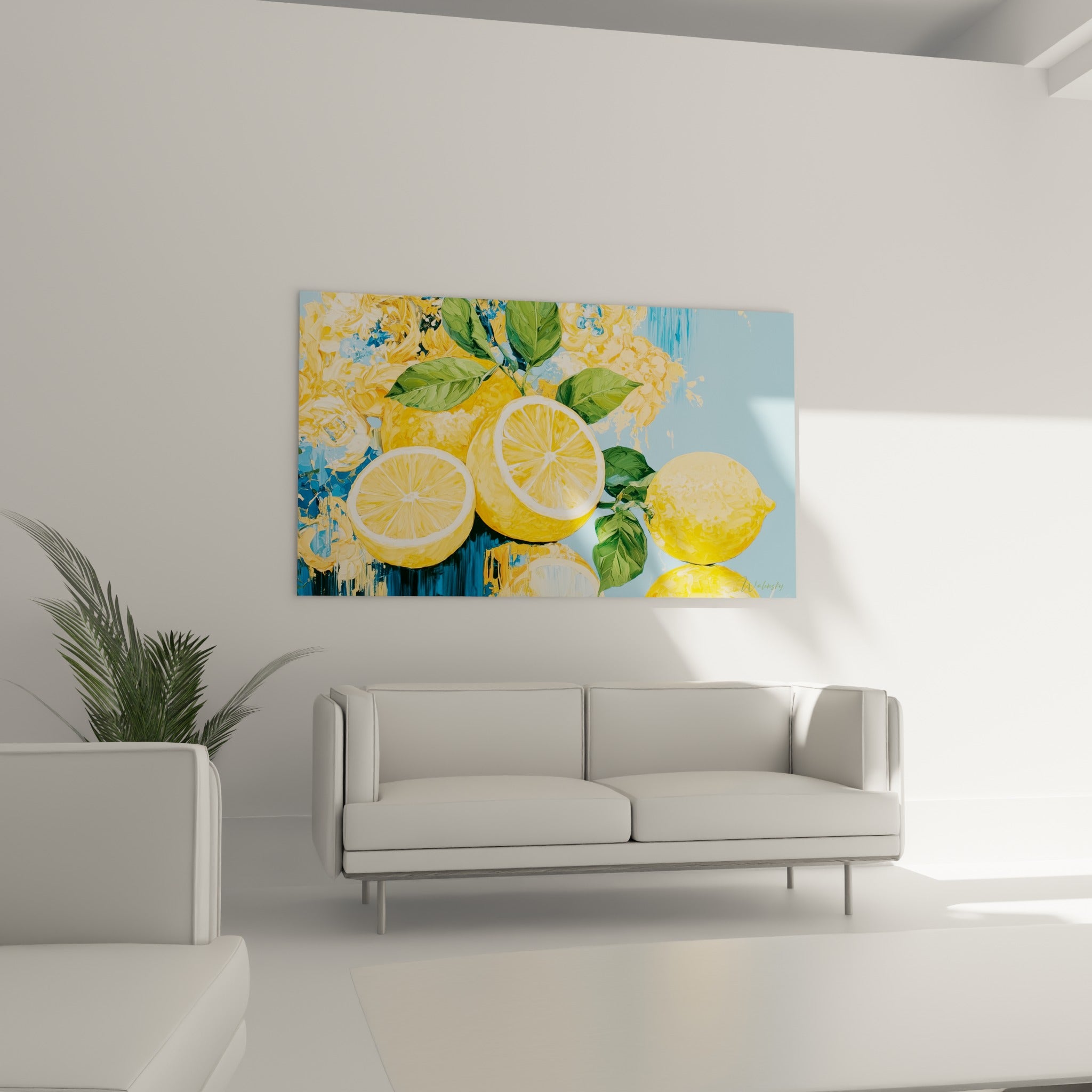 Agrumes jaune doré et bleu azur peints en touches épaisses, au-dessus d'un canapé dans un salon lumineux