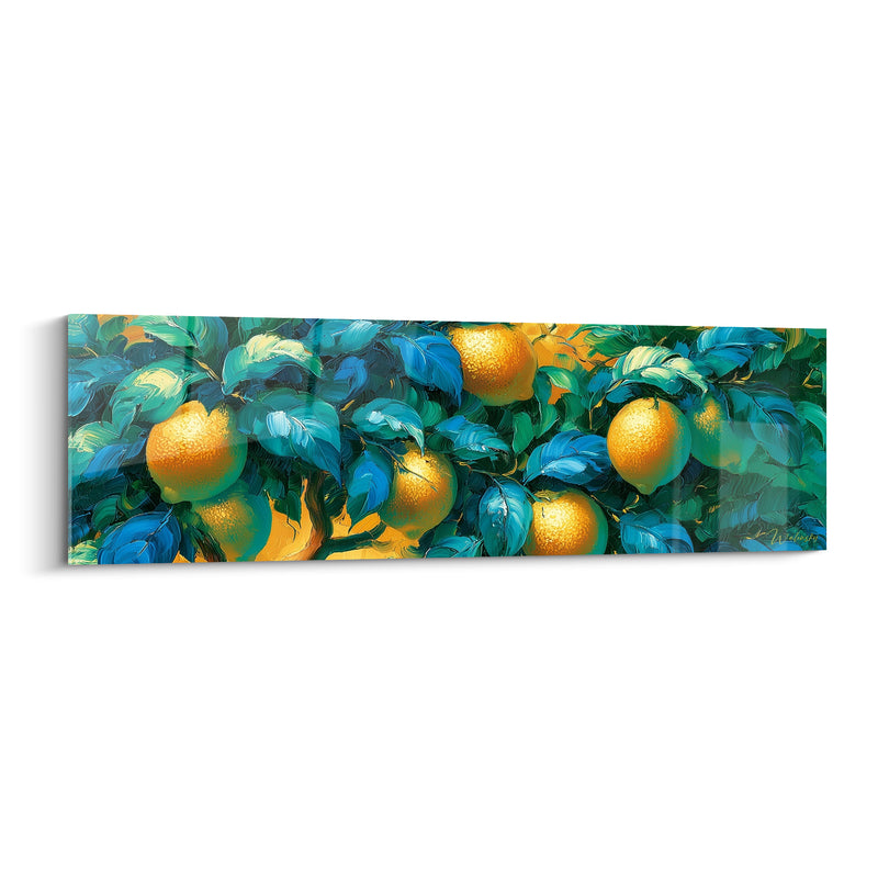 Tableau Citronnier orange et turquoise aux fruits nombreux - Feuillage dense entrelacé - Edition Citron
