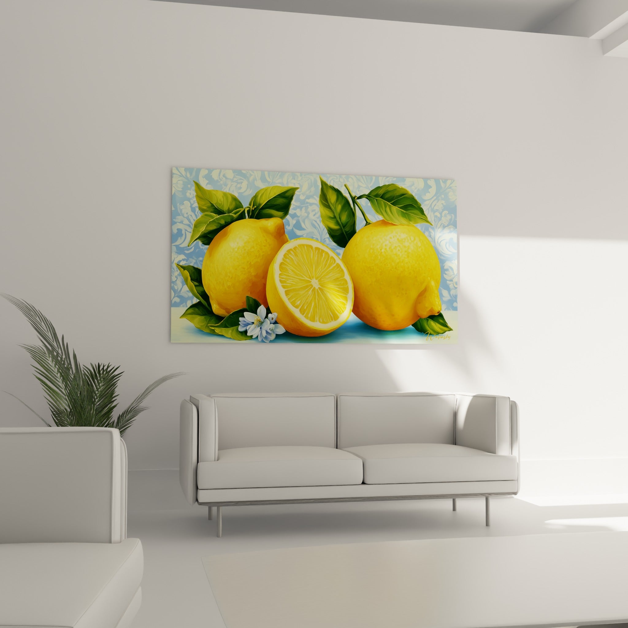 Citrons dorés et tranche juteuse sur fond bleu orné, au-dessus d'un canapé dans un salon lumineux