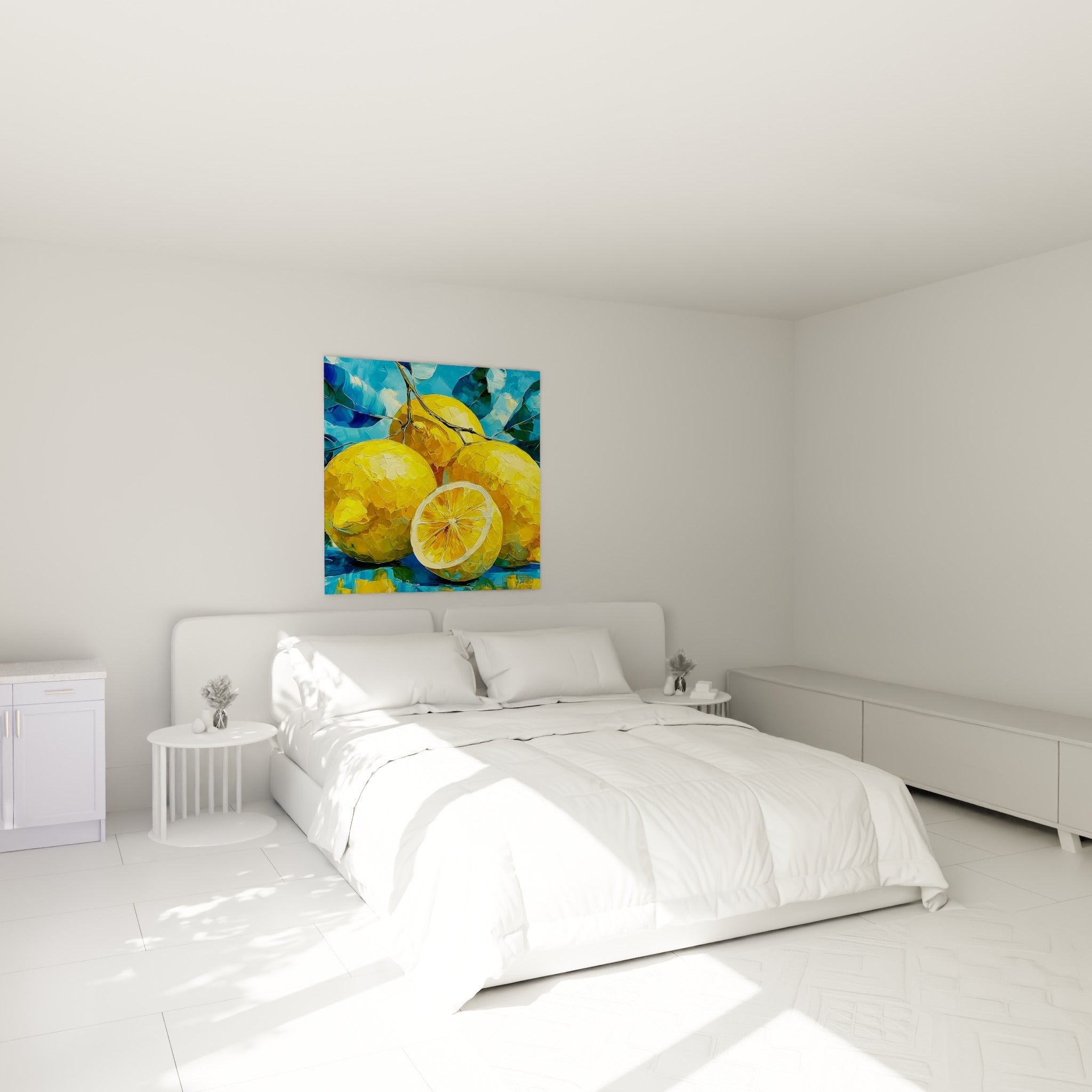 Nature morte de citrons dorés et bleu profond accrochée au-dessus d'un lit dans une chambre claire