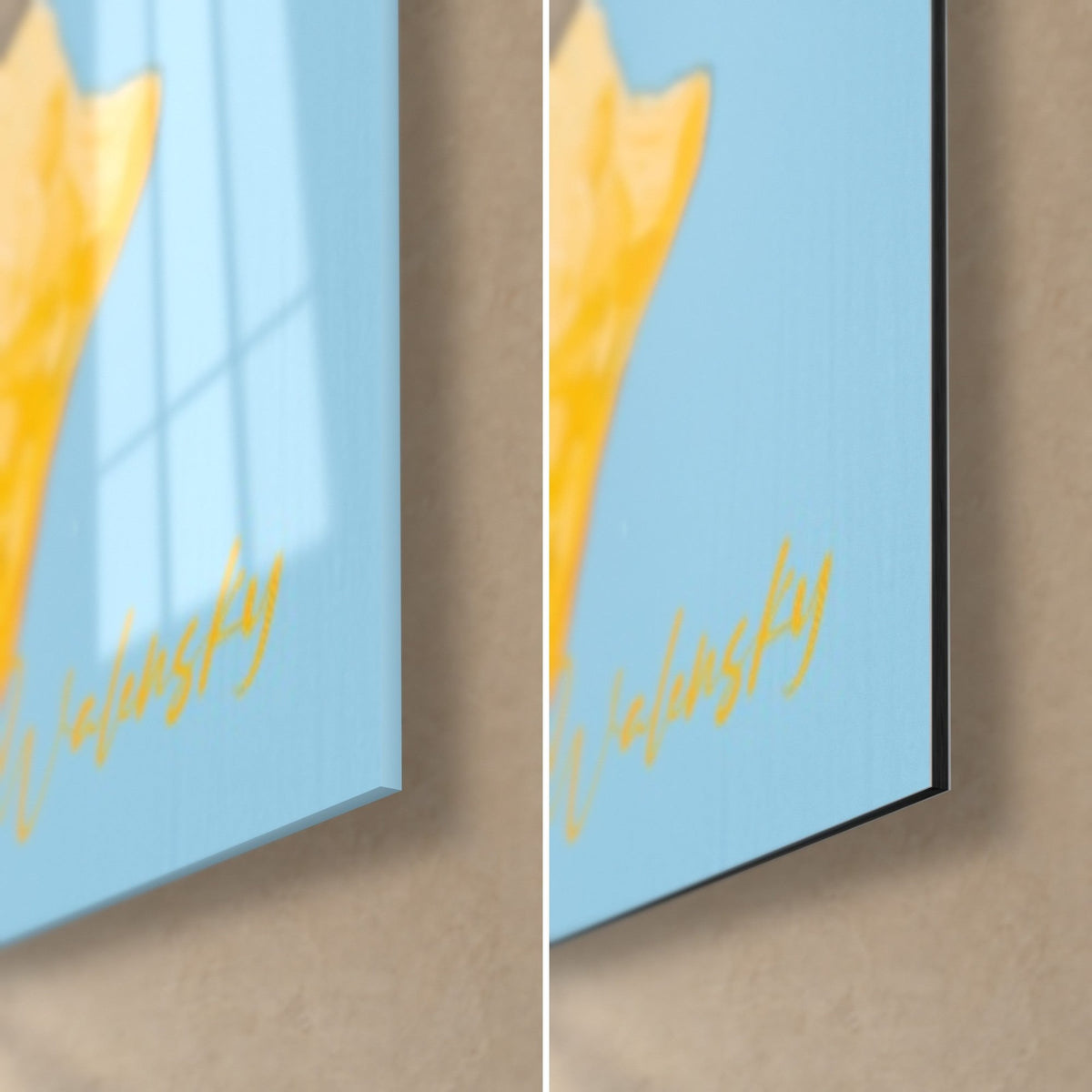 Tableau citron peint à l'huile, coin bas droit : verre acrylique brillant à gauche, alu Dibond mat à droite, signature dorée sur bleu ciel