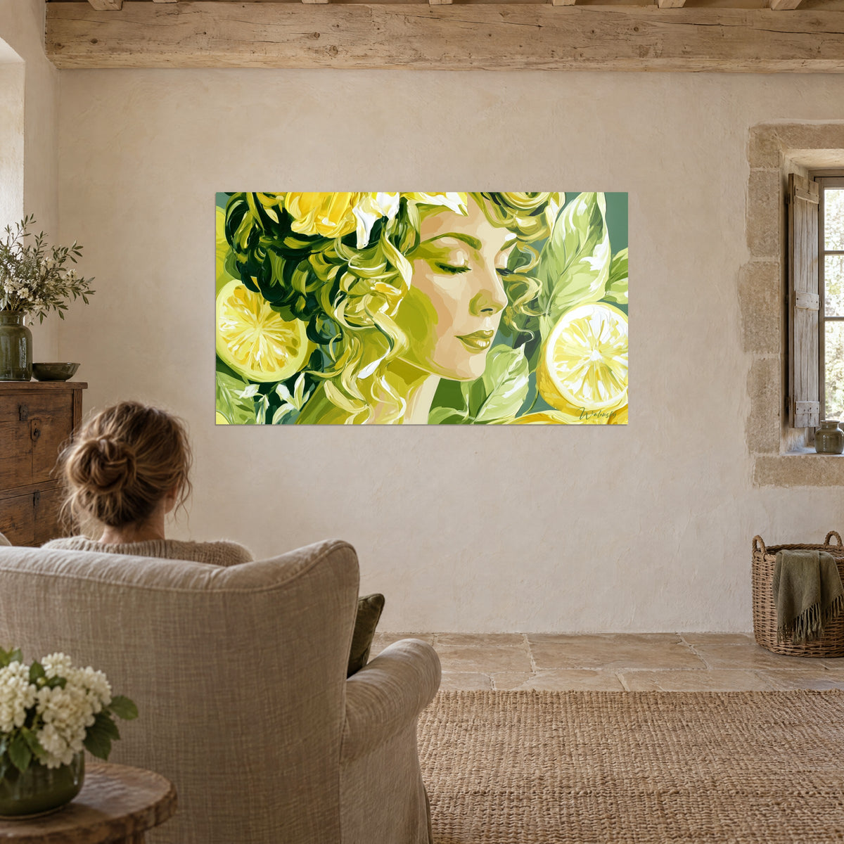 Quadro profilo sereno dalle labbra verde oliva, limoni splendenti e fogliame tenero, donna di spalle in una poltrona di lino beige