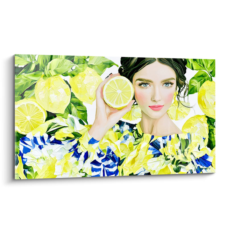 Tableau Portrait féminin jaune et bleu tenant une tranche - Yeux bleus et chignon - Edition Citron
