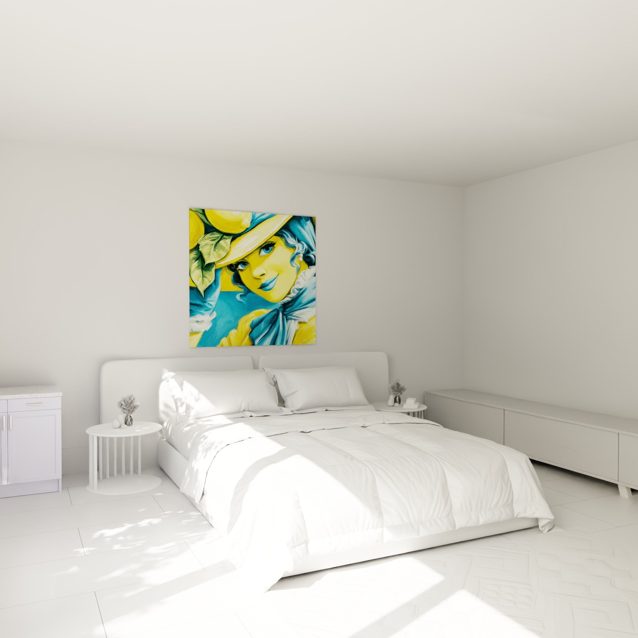 Portrait féminin jaune citron et bleu turquoise au-dessus d'un lit dans une chambre claire
