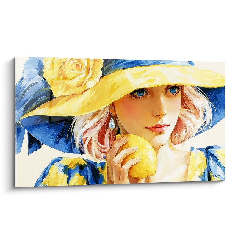 Tableau Portrait femme au chapeau bleu et jaune - Élégance ensoleillée - Edition Citron