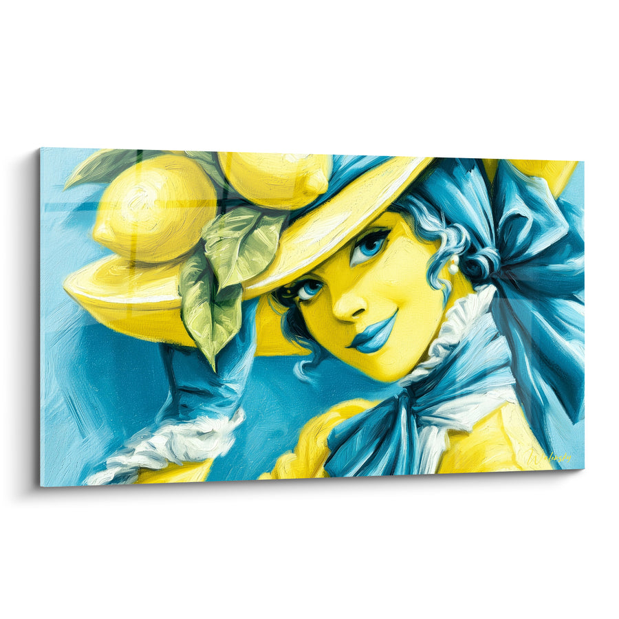 Tableau Portrait féminin jaune et bleu au large chapeau fleuri - Gant blanc ganté - Edition Citron