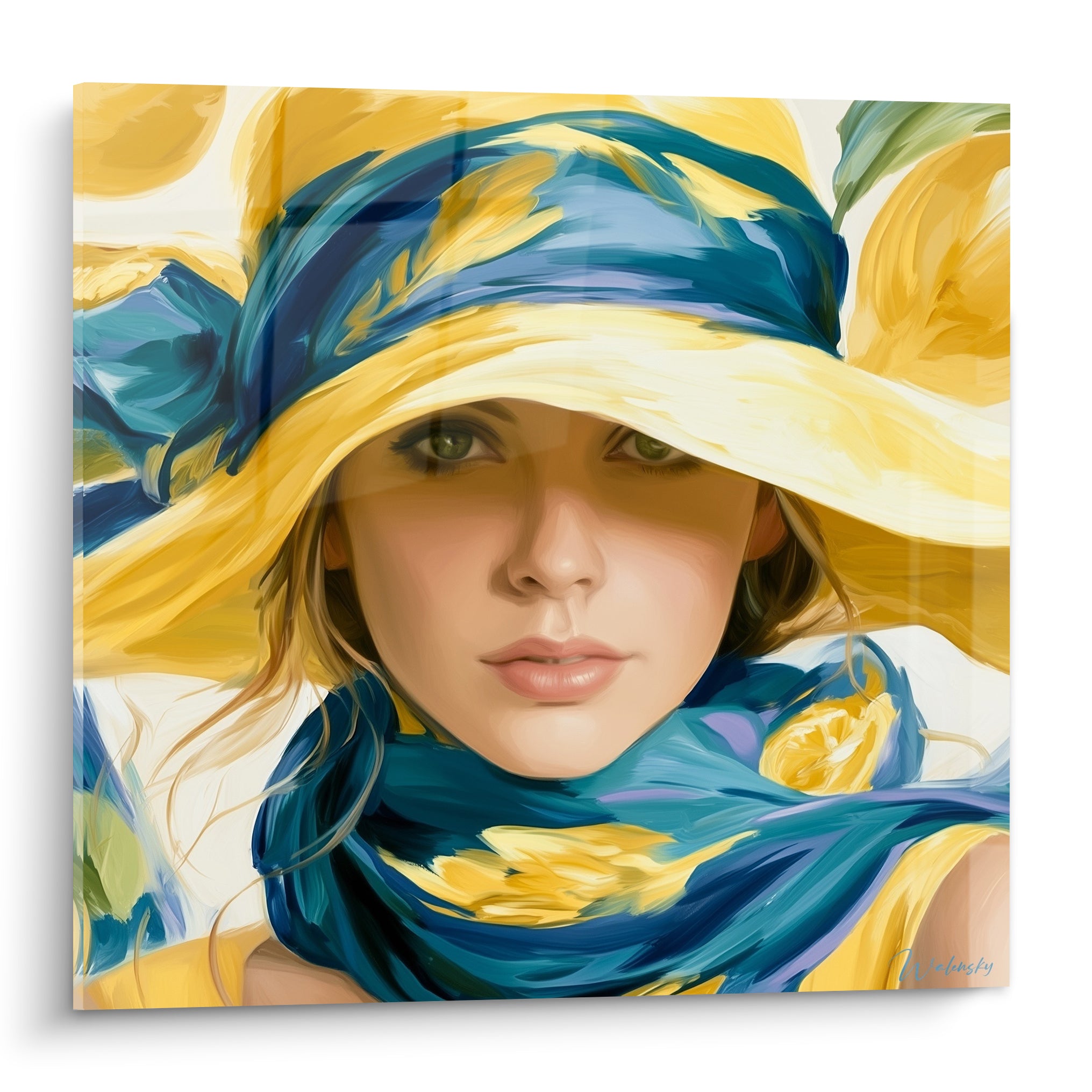 Portrait Citron d'une femme au chapeau jaune doré et foulard bleu marine fleuri