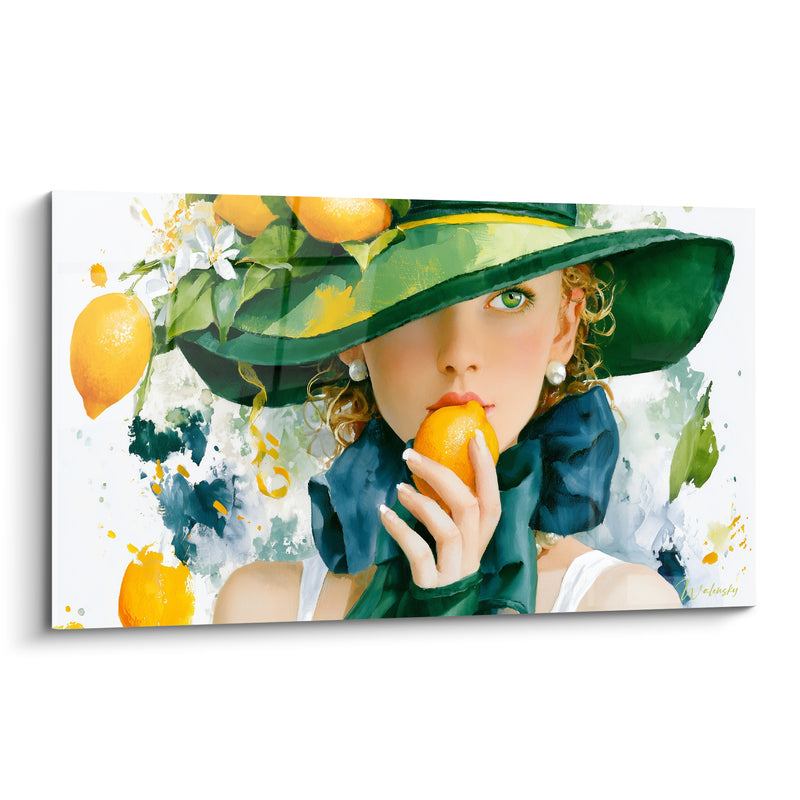 Tableau Femme au chapeau vert et citron doré - Instant gourmand - Edition Citron
