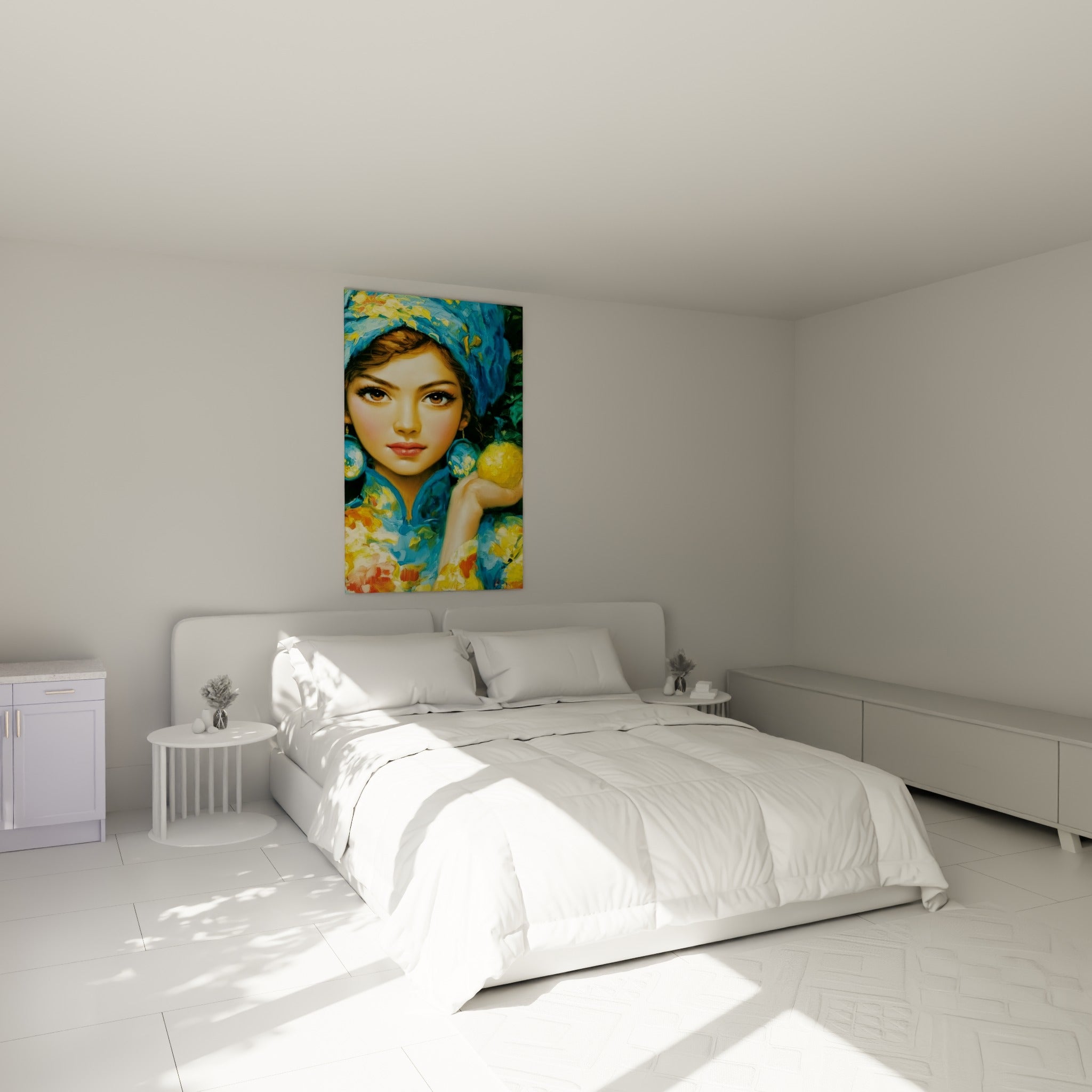 Portrait au foulard bleu turquoise et fruit doré accroché au-dessus d'un lit dans une chambre claire