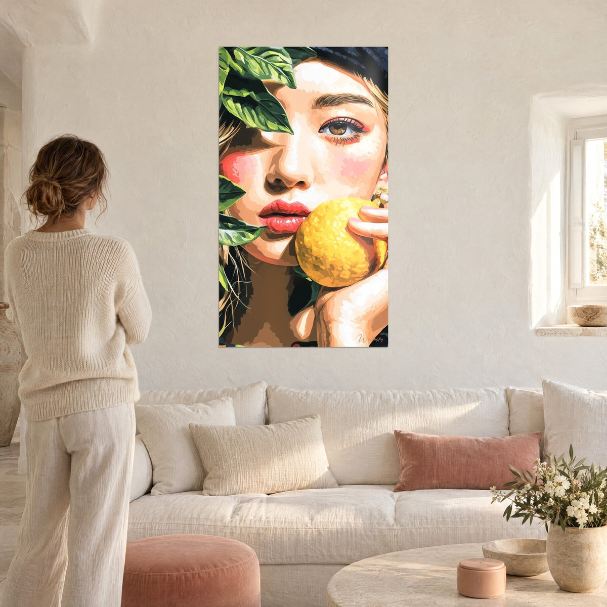 Quadro volto di giovane donna dalle labbra corallo che stringe un limone giallo, foglie verdi, sopra un divano in un soggiorno luminoso