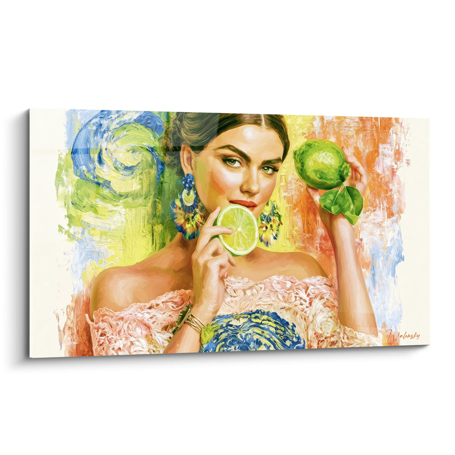 Tableau Portrait féminin rose et vert boucles d'oreilles fleuries - Robe en dentelle - Edition Citron