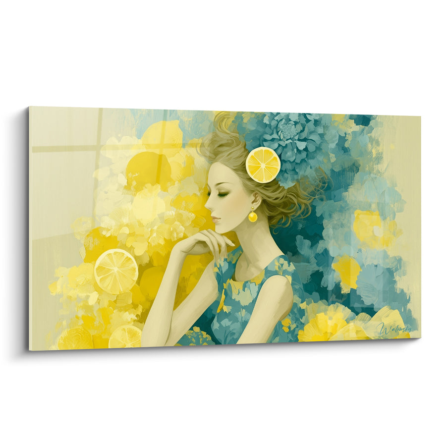 Tableau Femme jaune et bleu aux tranches de citron - Rêverie fruitée - Edition Citron