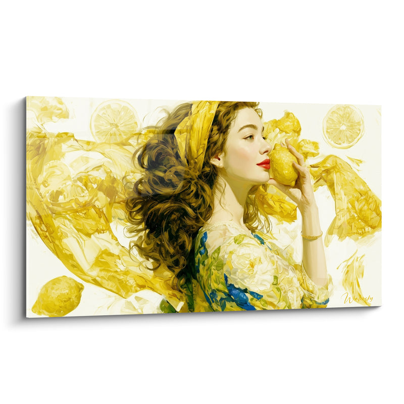 Tableau Femme jaune et blanc tenant un citron - Parfum d'été - Edition Citron