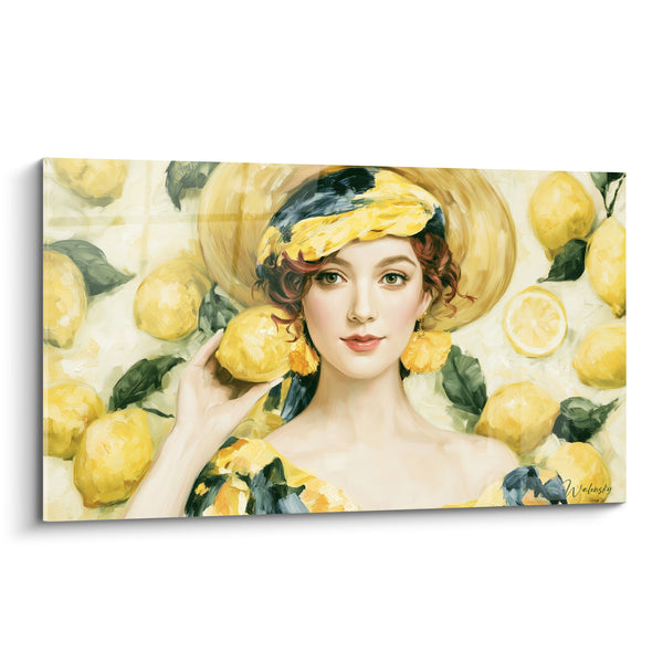 Cuadro Retrato Mujer Cabello Amarillo y Azul Marino con Rizos y Boina de Paja - Edición Limón