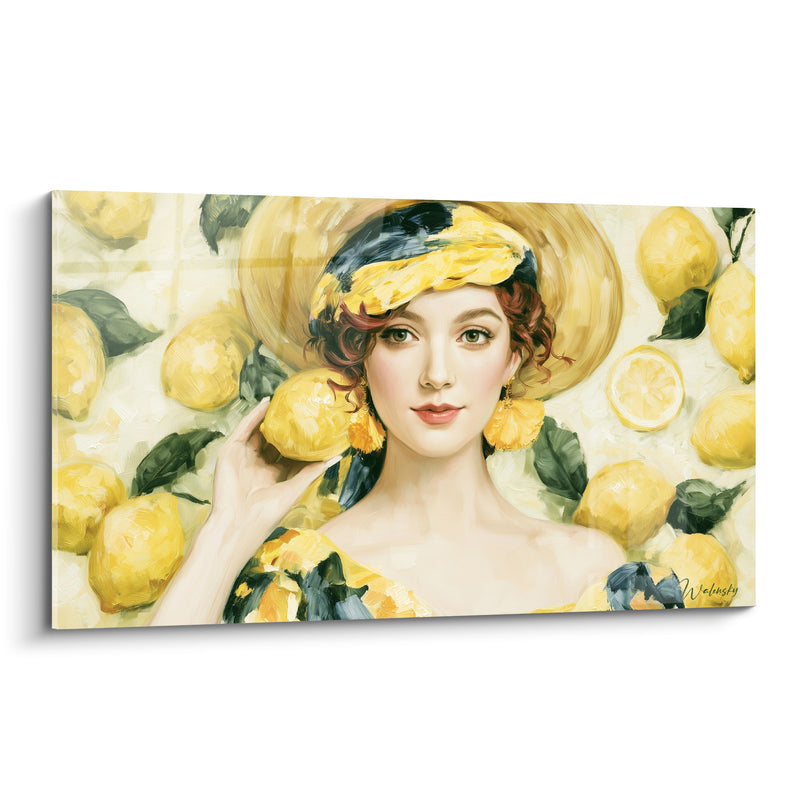 Tableau Portrait femme jaune et bleu marine boucles pompons - Chapeau de paille large - Edition Citron