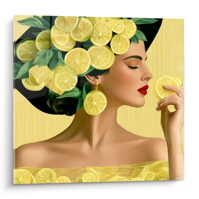 Tableau Femme jaune et vert aux tranches de citron - Parfum d'agrume - Edition Citron
