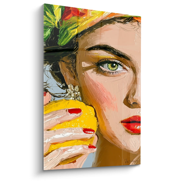 Woman with Green Eyes Holding a Lemon Painting - Sensual Moment - Lemon Edition