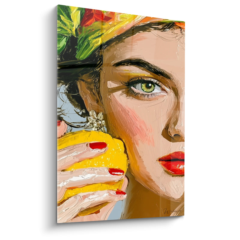 Tableau Femme yeux verts tenant un citron - Instant sensuel - Edition Citron