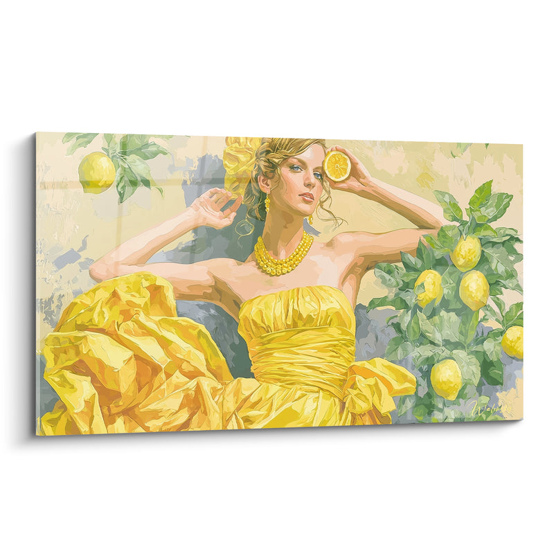 Tableau Femme robe jaune agrumes verts - Ivresse solaire - Edition Citron