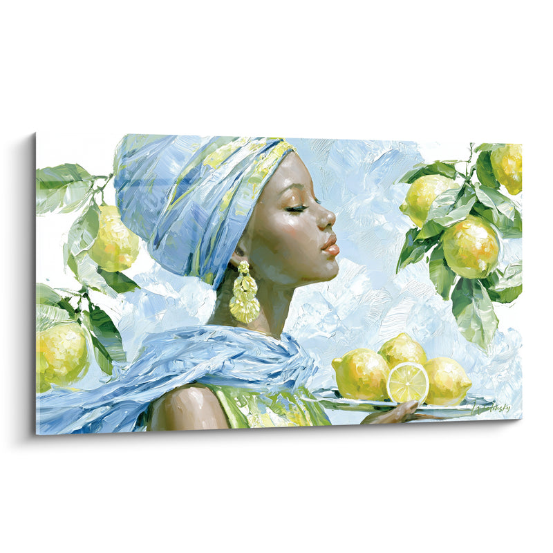 Tableau Femme au turban bleu et vert tenant un plateau - Boucles d'oreilles pendantes - Edition Citron