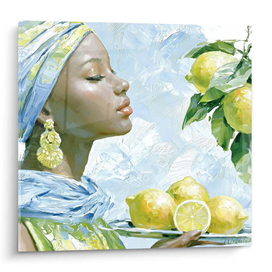 Gemälde Frau mit blauem Turban und goldenen Zitronen - Duftmoment - Edition Zitrone