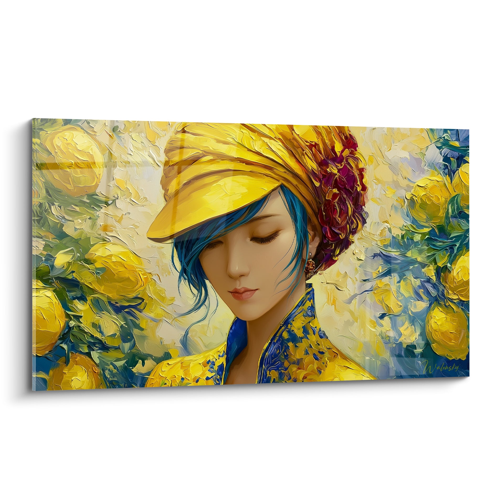 Femme au turban jaune et cheveux bleus, portrait peint parmi des citrons dorés et fleurs bordeaux