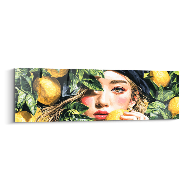 Tableau Femme jaune et vert parmi les citrons - Récolte secrète - Edition Citron