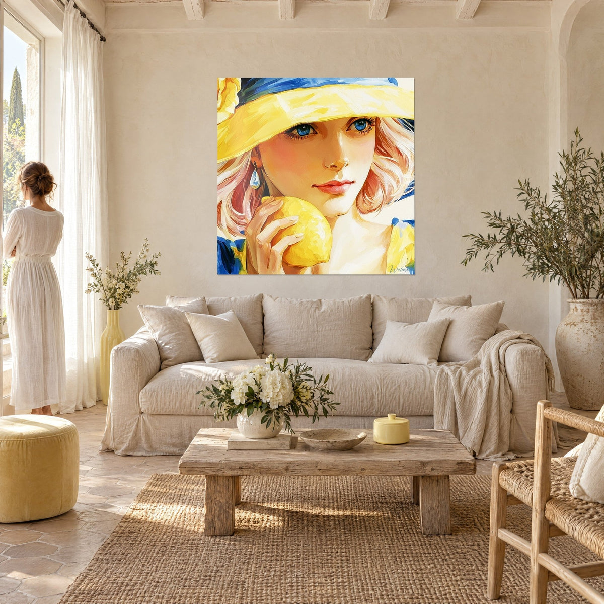 Tableau jeune femme au large chapeau jaune serrant un citron, ruban bleu cobalt, joues rosées, au-dessus d'un canapé dans un salon lumineux