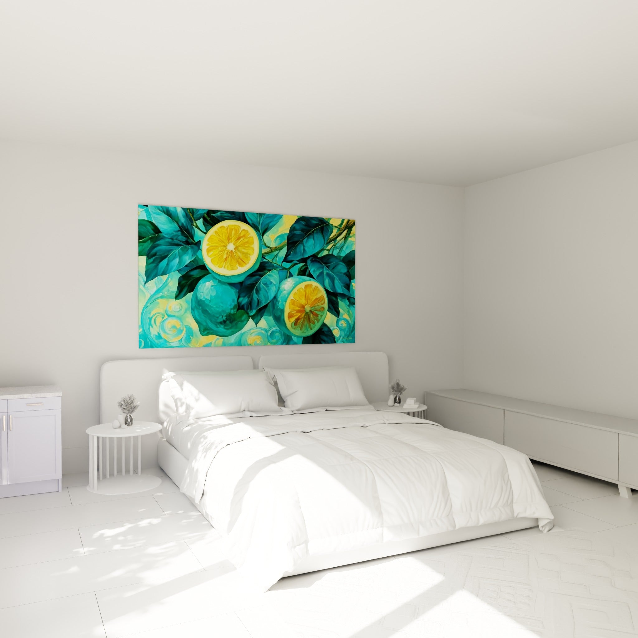 Fruits de citronnier turquoise et jaune doré au-dessus d'un lit dans une chambre claire