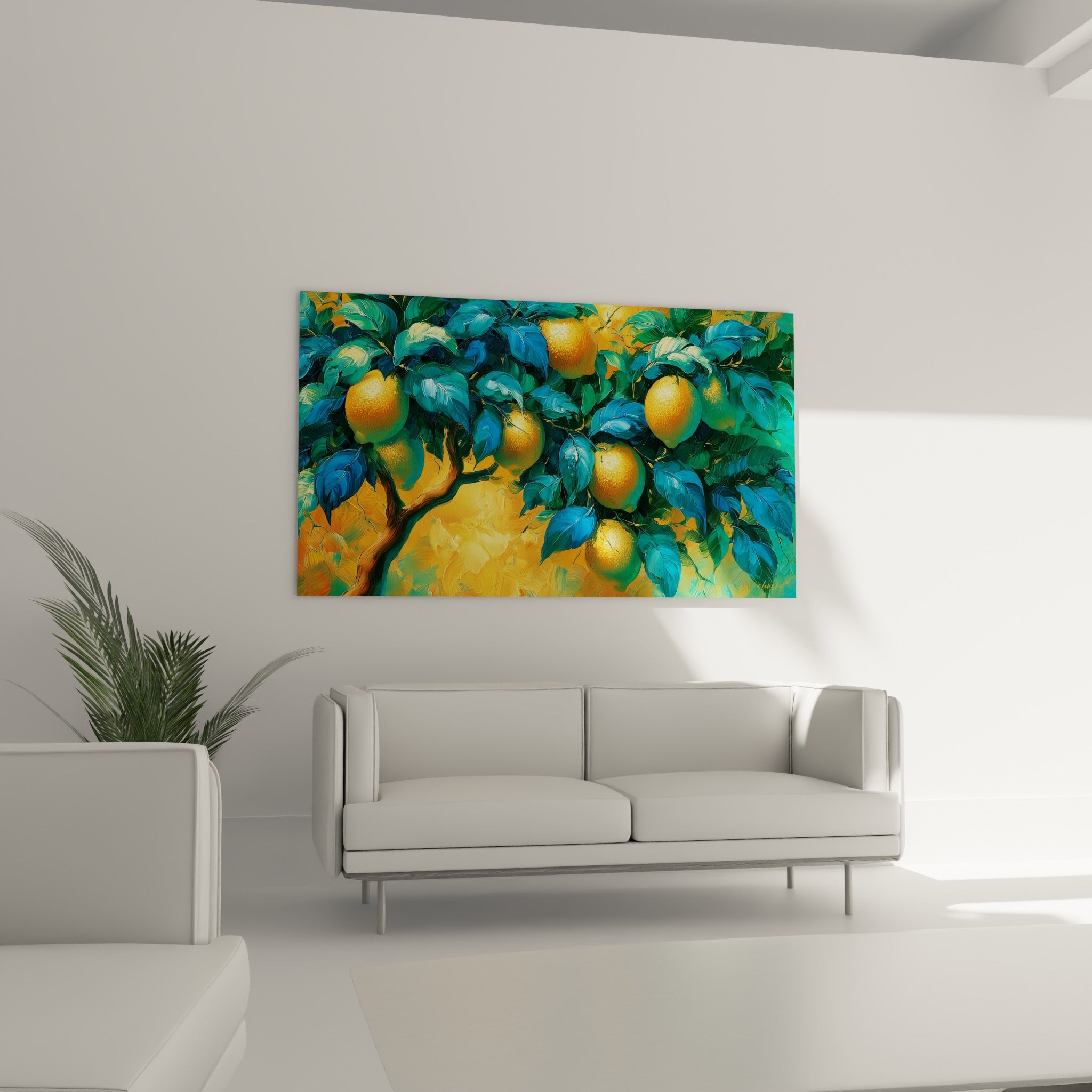 Fruits jaune d'or et feuillage bleu vif du citronnier, au-dessus d'un canapé dans un salon lumineux